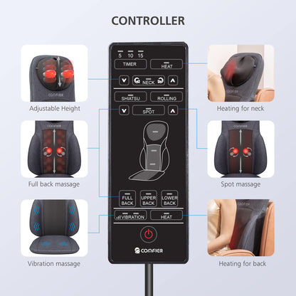 COMFIER Shiatsu Neck Back Massager with Heat, Adjustable Massage Chair Pad Back Support Massage Seat Cushion for Full Body Massager Gifts for Dad