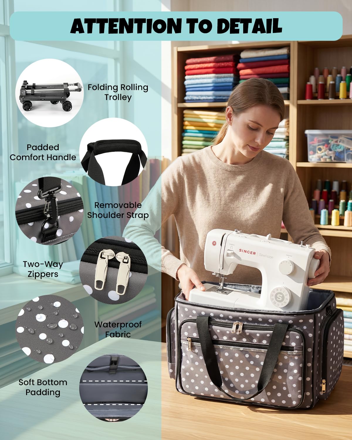 Amythe Rolling Sewing Machine Case with Wheels, Sewing Machine Carrying Bag with Multiple Pockets, Fits Most Standard Machines Compatible with Singer, Brother & Janome, Olive Grey