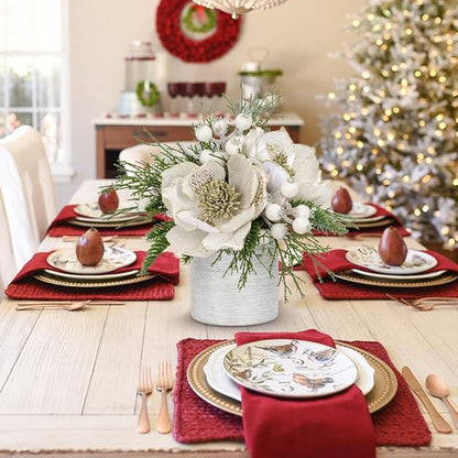 DILATATA 12 inch White Christmas Table Centerpiece with 5" Glitter Magnolia Flower and White Berries Fir Greenery Artificial Floral Centerpiece