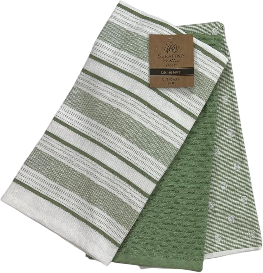 Sage Green White Kitchen Hand Dish Towels: Oversized 28" x 16", 100% Cotton