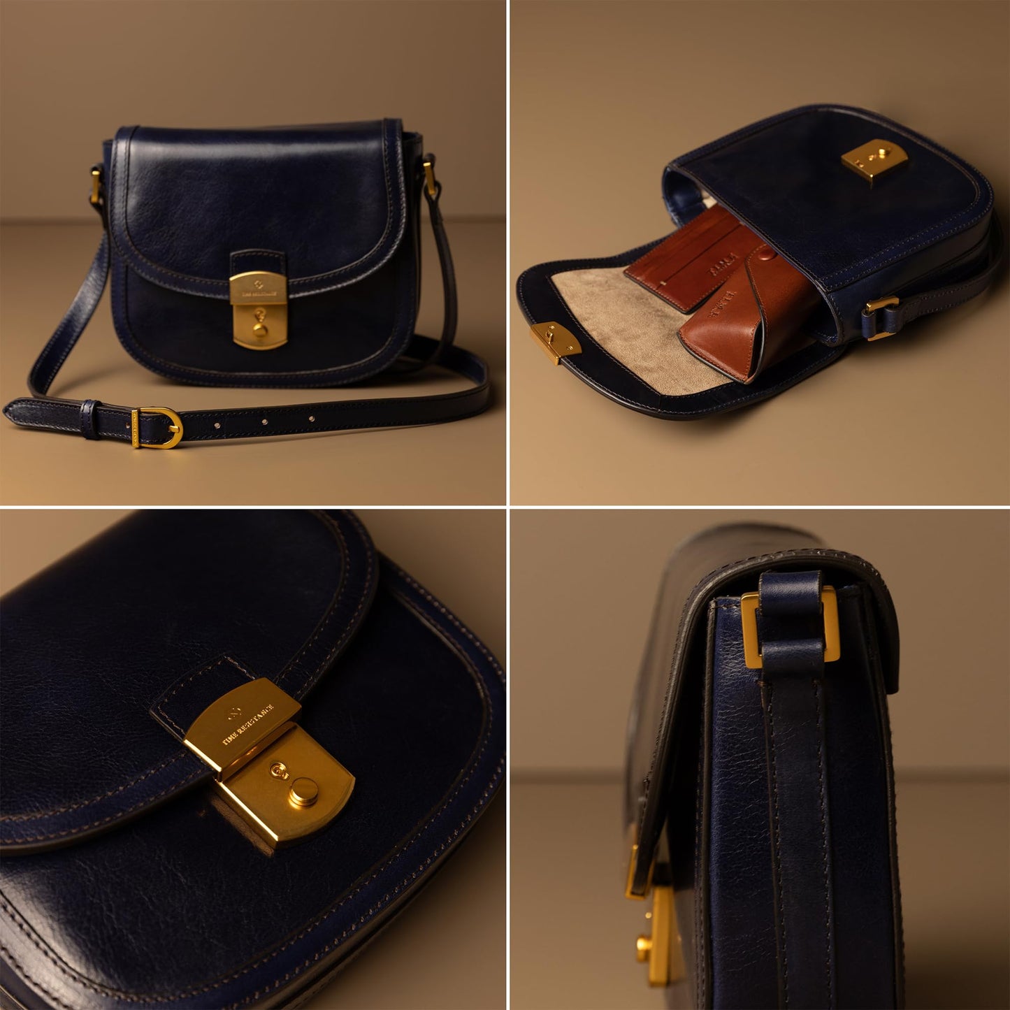 Time Resistance Leather Crossbody Bag – Saddle Bag with Magnetic Closure - Leather Messenger Bag for Women (Blue)