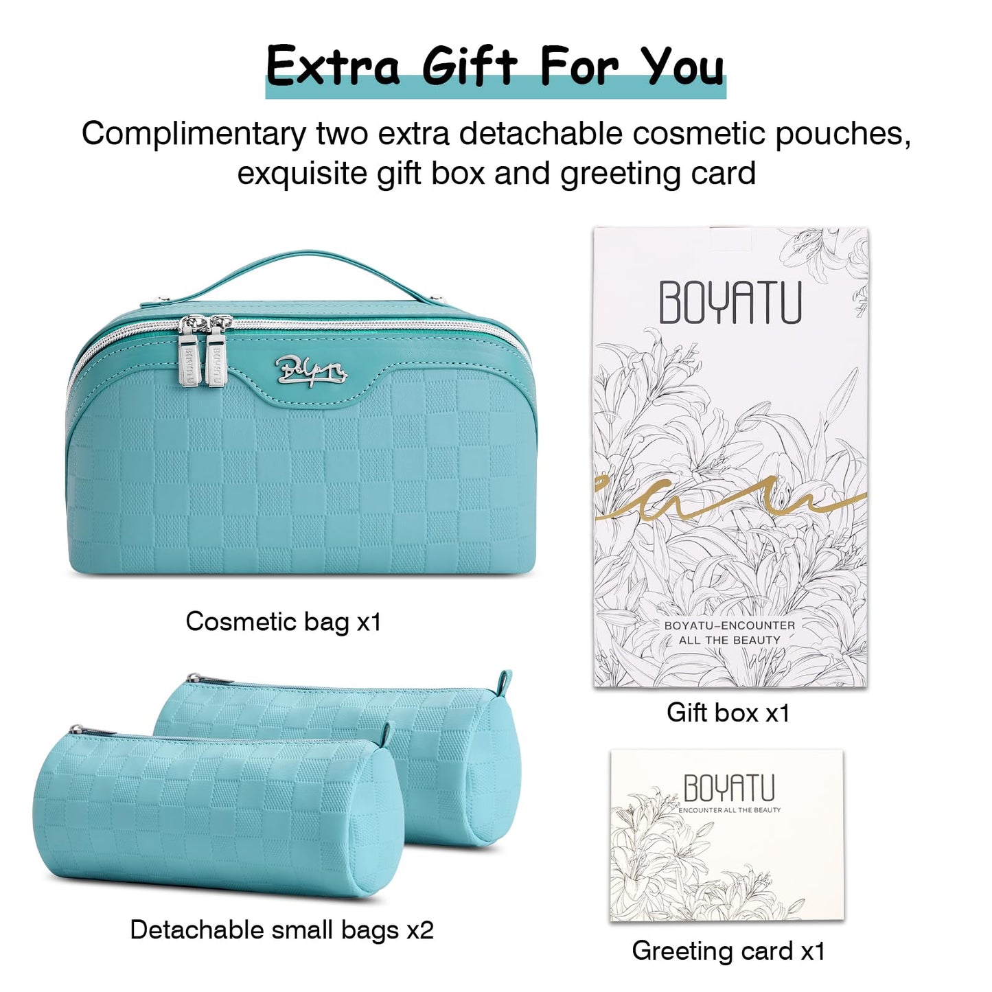 BOYATU Checkered Travel Makeup Bags: Vacation-Ready Light Blue Large Capacity Cosmetic Bag for Women - 3 Pcs Set Toiletry Organizer with Waterproof Leather - Easy to Clean Beach Trip Essential