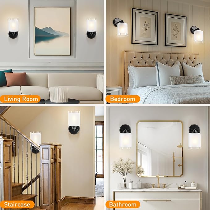 Wall Sconces Set of Two Bathroom Light Fixtures with Frosted Glass Shade, Modern Matte Black Wall Lights Vanity Lights, Sconces Wall Decor Set of 2 for Bathroom Bedroom Mirror (E26 Base)