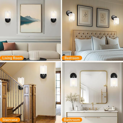 Wall Sconces Set of Two Bathroom Light Fixtures with Frosted Glass Shade, Modern Matte Black Wall Lights Vanity Lights, Sconces Wall Decor Set of 2 for Bathroom Bedroom Mirror (E26 Base)