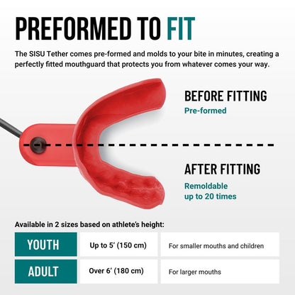 SISU Tether Adult Mouthguard, Intense Red - Pre-Formed Protection with Strap for Football, Hockey, Lacrosse, Caged-Helmet Sports - Remoldable Up to 20 Times - Works for Braces - Non Toxic