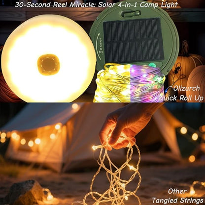 Camping String Lights Solar USB Rechargeable, Retractable String Lights Camping 4 in 1 Led Roll Up Waterproof Outdoor Hanging Fairy Lights 33FT with 8 Modes for Tent Garden Party Festival