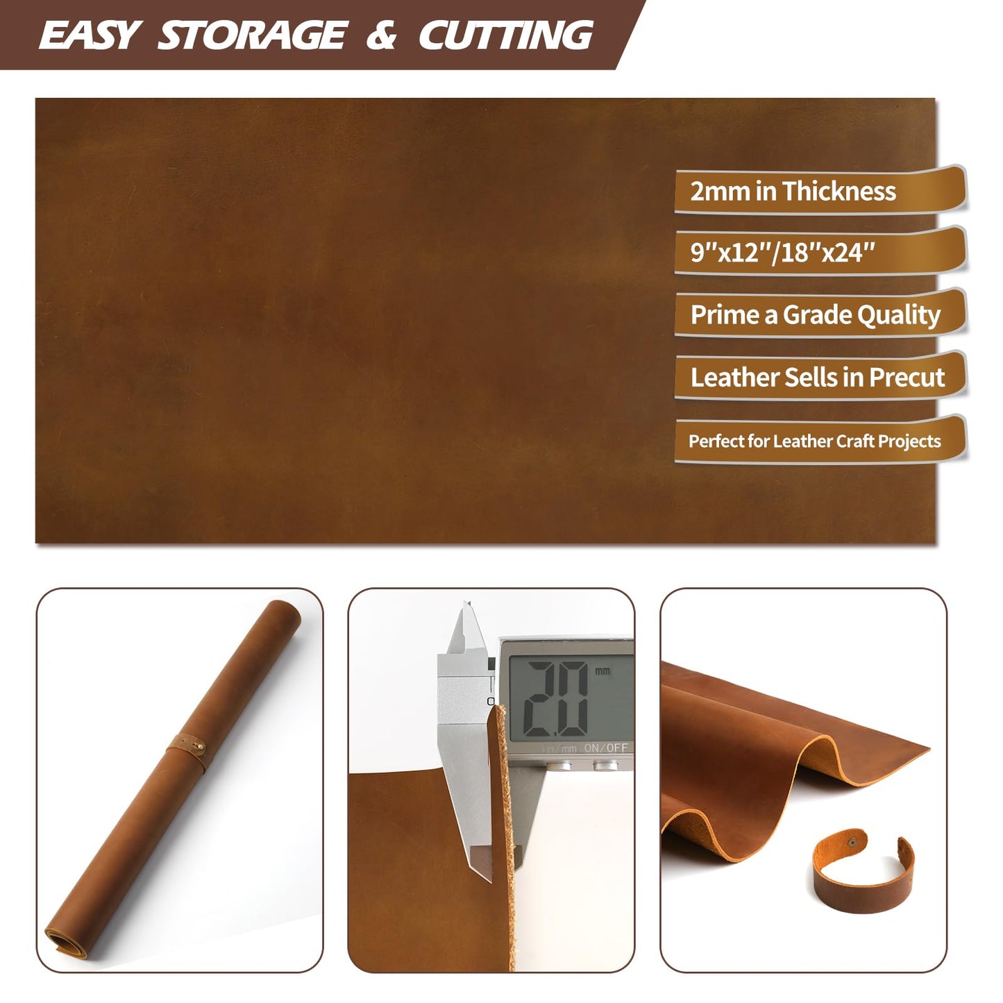 Jack&Chris 9"x12" Tooling Square 1.8-2.0MM Thick Genuine Top Full Grain Leather Leather Sheets for Crafts Tooling Sewing Crazy Horse Cowhide