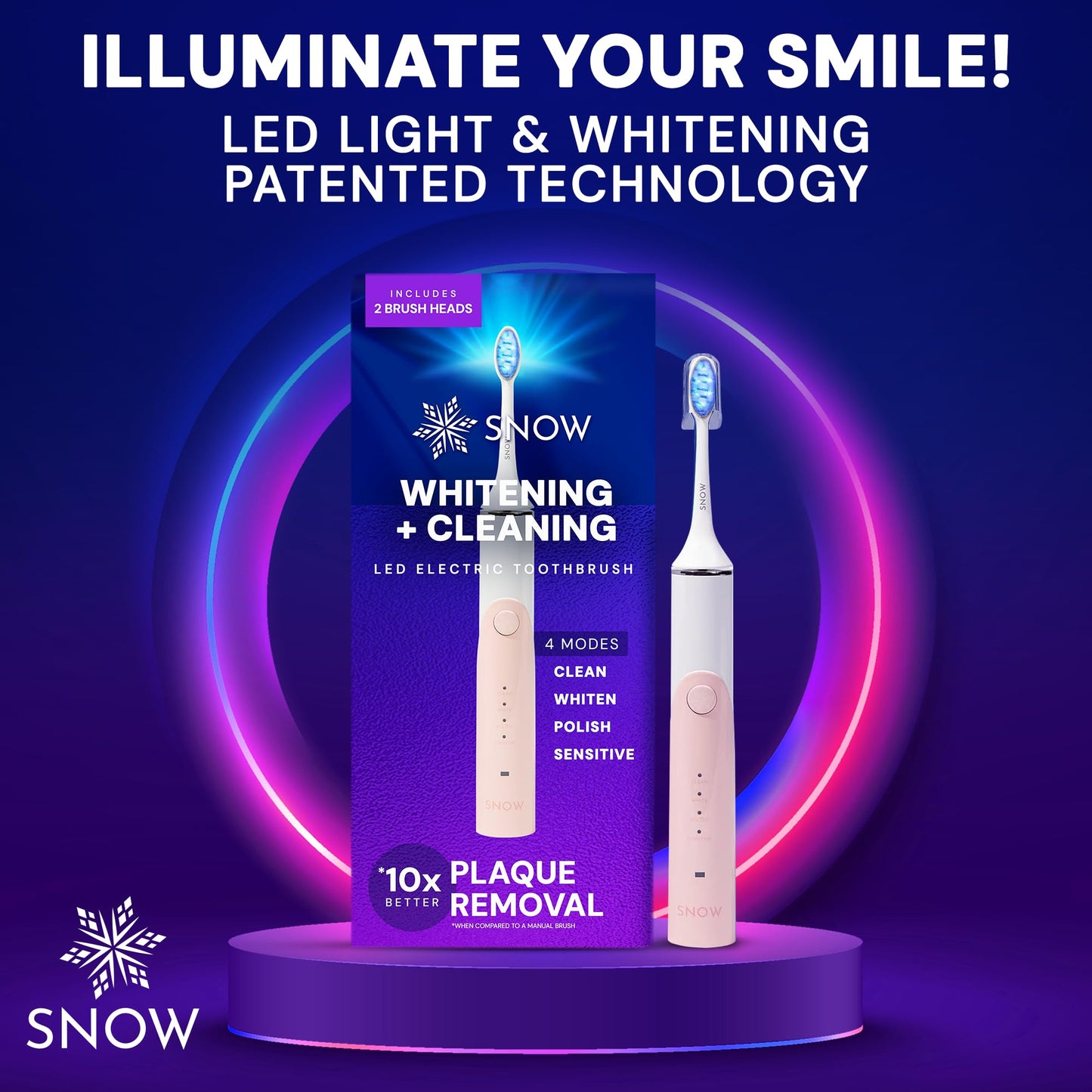 SNOW LED Electric Toothbrush Gen 2 - Rechargeable Electronic Brush for Adults - Sonic Technology w/LED Light Whitening & Cleaning Powered w/Sonic Technology for Oral Routine Coastal Sunset Pink Gen2