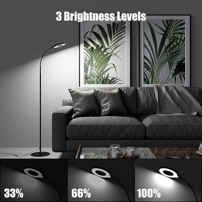 JKSWT LED Floor Lamp, 3 Brightness Levels Eye-Caring Dimmable Standing Reading Lamp 4000K Colors temperatures with Adjustable Gooseneck for Living Room Bedroom Reading - Black