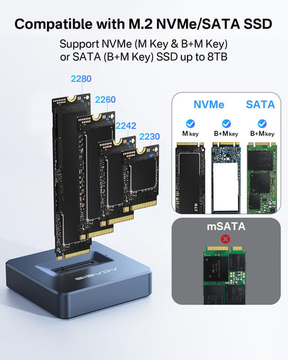 ACASIS M.2 NVMe & SATA to USB C Docking Station, NVME SSD Enclosure Adapter, USB 3.2 Gen 2(10 Gbps), Aluminium Alloy Housing, Support M.2 (M Key) NVMe and (B+M Key) SATA-Based SSD