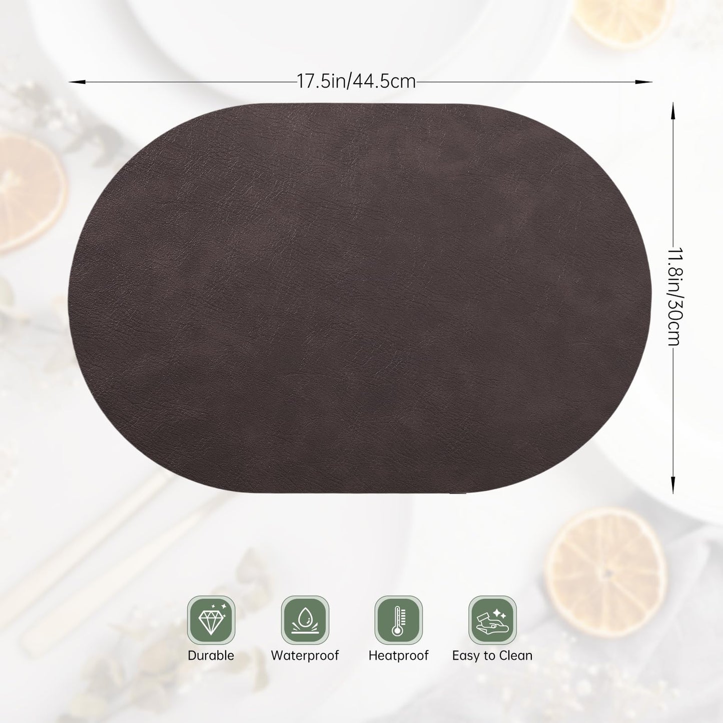 Oval Placemats Set of 6, Faux Leather Place Mats for Dining Table Dual Sided Placemats Heat Resistant Washable Wipeable Table Mats for Indoor Outdoor, Dark Brown/Black