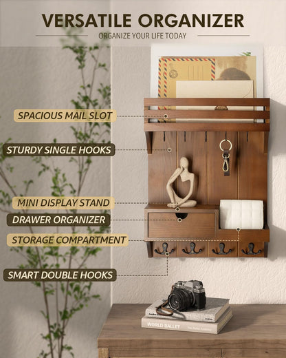 Rebee Vision Farmhouse Key Holder Wall Mount – Decorative Mail Organizer with 9 Key Hooks and Mini Drawer Organizer – Rustic Home Decor for Apartment Essentials (Brown)