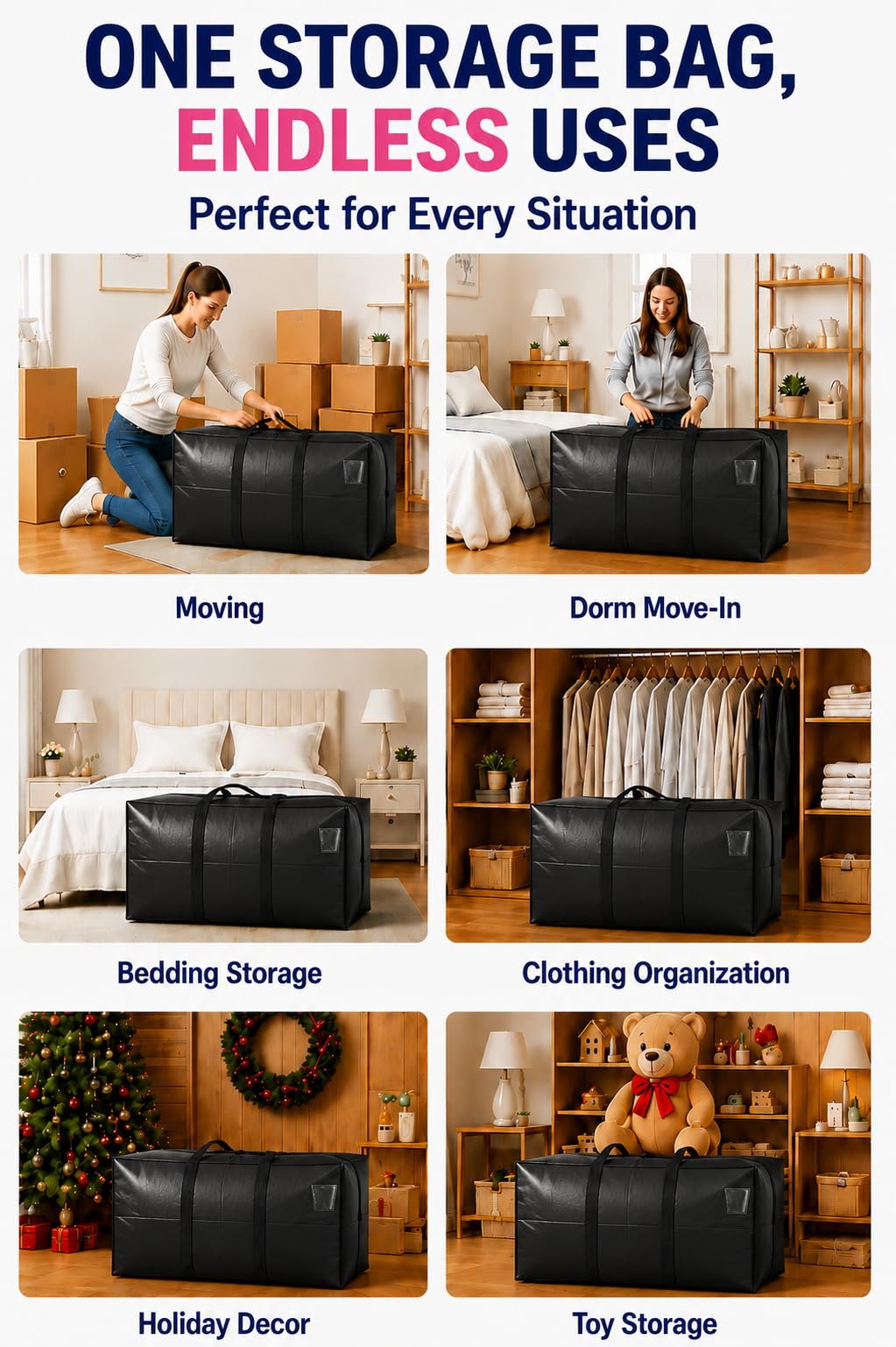 Extra Large Storage Bags, Jumbo Moving Tent Storage Bags, Foldable Big Black XXL Duffle Bag for Travel,Christmas Tree Bag, 42x23x13.5inch - 2PACK