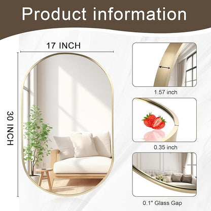 17x30 inch Oval Bathroom Mirror, Gold Vanity Wall Mirror with Brushed Metal Frame, Oval Mirrors for Bathroom, Entryway, Over Sink, Living Room