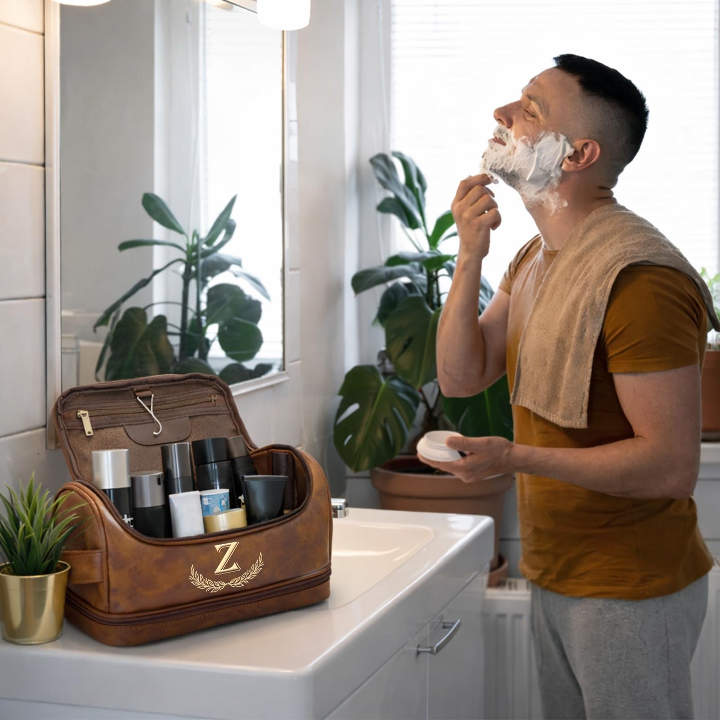 Sparklove Personalized Gifts for Men - Personalized Initial Toiletry Bag with Laser Engraved Monogram - Leather Travel Kit Shaving Organizer - Unique Present for Him, Husband, Boyfriend, Dad （T）