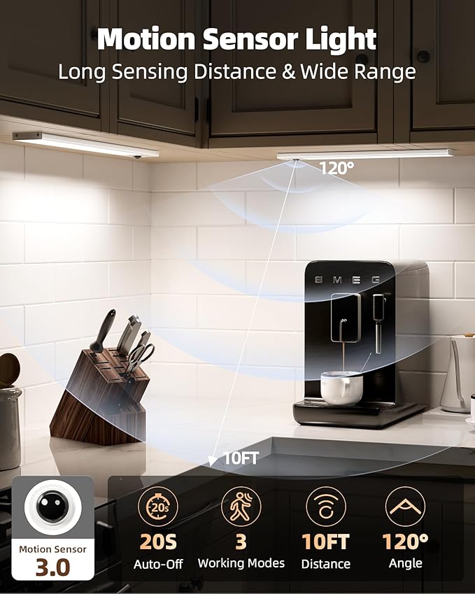 EZVALO 12inch Under Cabinet Lighting Wireless with Battery Indicator, 2500mAh Rechargeable Motion Sensor Light Indoor, 96 LED Under Counter Lights for Kitchen Closet, 3 Color Temps, Dimmable, 6 Pack
