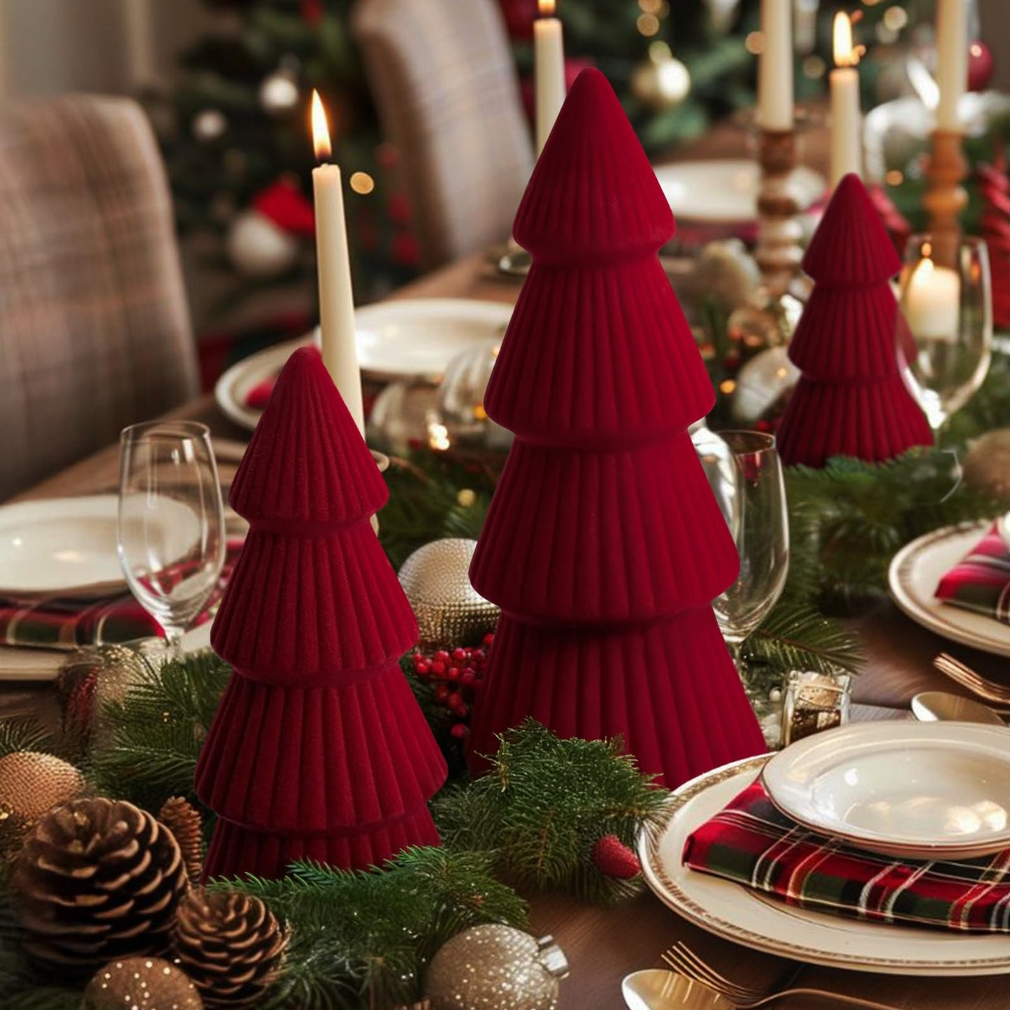 Christmas Decorations - Set of 3 Velvet Ceramic Christmas Trees - Modern Cone Indoor Christmas Decoration Centerpieces for Table Mantel and Living Room Home Decor (Red)
