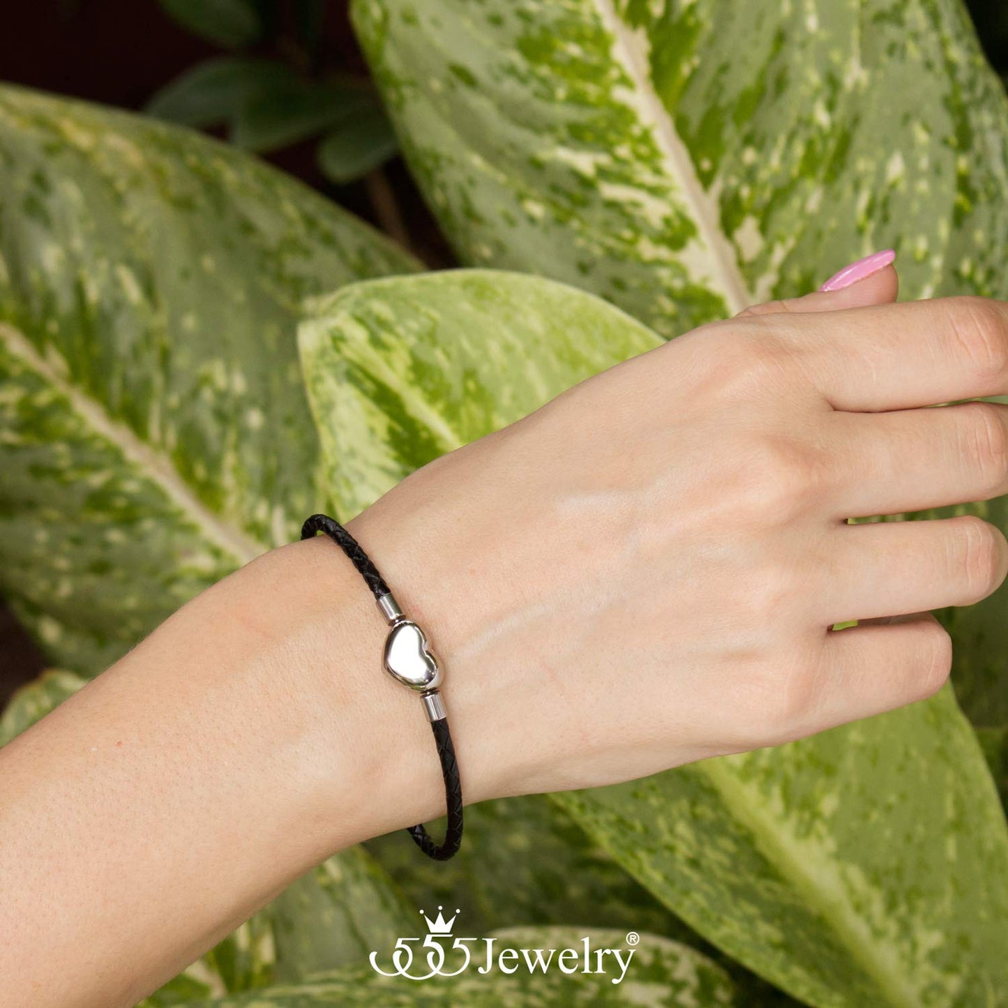 555Jewelry Stainless Steel Heart Charm Bracelet, Black Bracelet for Women, Braided Leather Charm Bracelet, Black Leather Bracelet for Women - Silver Heart, 6.5 Inch