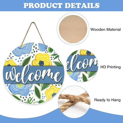 Welcome Spring Summer Flower Front Door Sign, Blue Yellow Floral Wood Door Hanger Outdoor Outside Porch Decor, Seasonal Farmhouse Wooden Wreath Indoor Wall Hanging Decoration