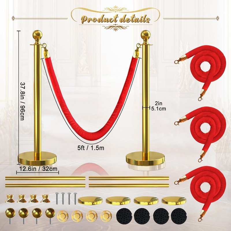SuiROYI 4 Pcs Gold Stanchions with Velvet Ropes with 3 Pcs 5 Ft Red Velvet Ropes Carpet Ropes Posts Stanchion Set for Crowd Control Barriers for Weddings, Events, Hotels, and Party Decor