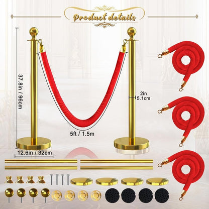SuiROYI 4 Pcs Gold Stanchions with Velvet Ropes with 3 Pcs 5 Ft Red Velvet Ropes Carpet Ropes Posts Stanchion Set for Crowd Control Barriers for Weddings, Events, Hotels, and Party Decor
