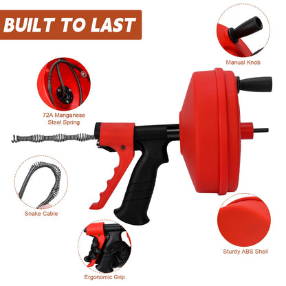 35 FT Double Mode Drain Snake Tools, 11-in-1 Drain Auger for Sink and Drain Unblocking, Plumbing Snake for Kitchen, Bathrom and Shower Sink, Snake for Real DYIs (Red)