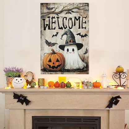 Halloween Garden Flag, 12x18 Inch Halloween Flag, Welcome Yard Flag with Ghost, Pumpkin for Outdoor Porch Decorations