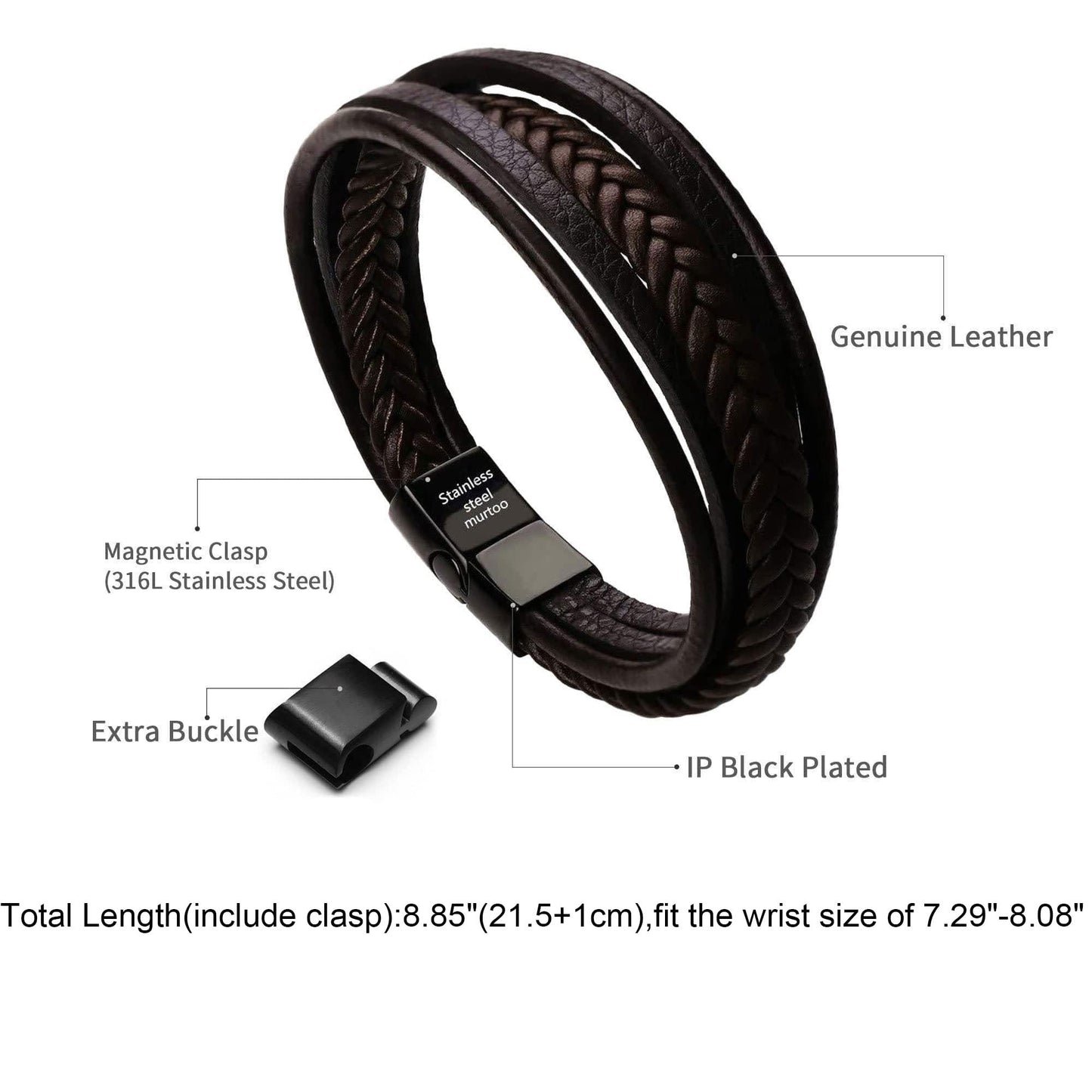 murtoo Mens Leather Bracelet with Clasp Cowhide Multi-Layer Braided Leather Mens Bracelet