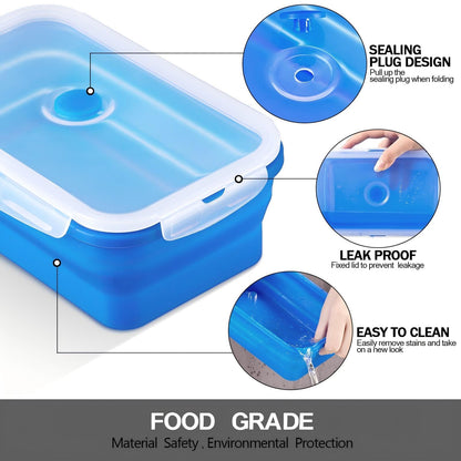 Zopeal 8 Pcs Collapsible Food Storage Containers Foldable Silicone Lunch Containers with Lids 4 Silicone Rectangle Collapsible Bowls and 4 Round Food Bowls Microwave Freezer Dishwasher Safe (Blue)