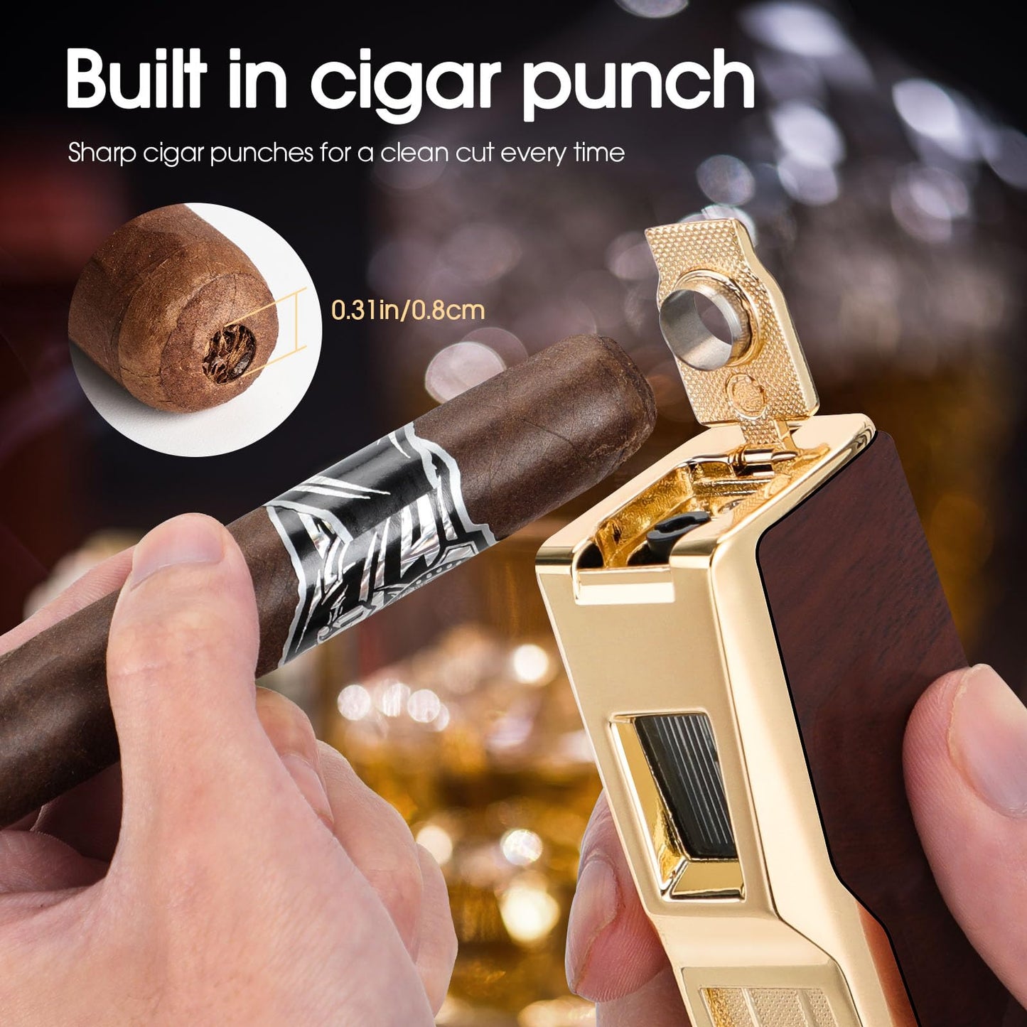 USEWIRE Cigar Lighter and Ashtray Set, Quad Windproof Jet Flame, with Cigar Holder and Cigar Punch, Refillable Butane Gas Lighter, Multifunctional Cigar Accessories Gift Set