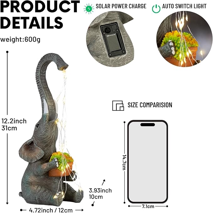 Elephant Garden Statue with Solar Watering Lights, Outdoor Resin Animal Sculpture for Patio, Lawn, Yard – Unique Gift for Women, Mom, Grandma (Dark Grey Succulents)