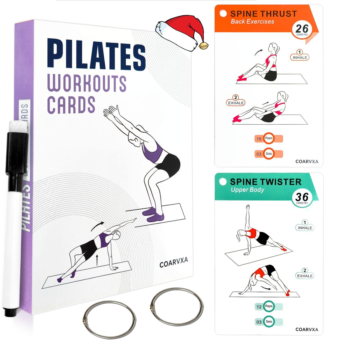 COARVXA Pilates Workouts for Women-58 Exercise Cards with Pilates Mat Workout Postures，ncludes 4-Week Challenge,2 Rings& Dry-Erase for Easy Organization-Home, Gym or Studio