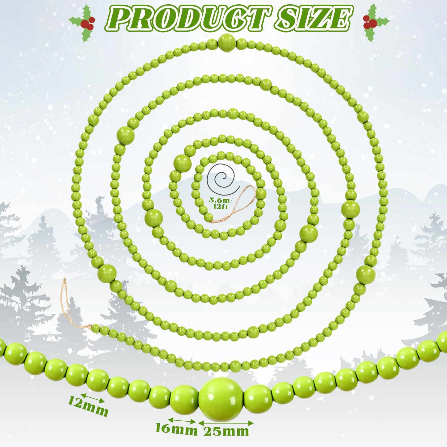 12 Feet Summer Christmas Wooden Beads Garland Round Craft Farmhouse Vintage Christmas in July Wood Bead Garlands for Xmas Supplies(Green)