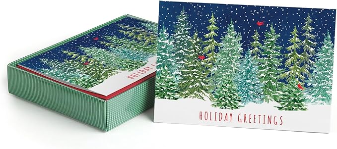 Masterpiece Snowy Evergreen Cardinal Trees Cards / 16 Boxed Holiday Note Card Set With Red Envelopes / 5 5/8" x 7 7/8" Folded Christmas Seasonal Winter New Year Greetings With Inside Verse
