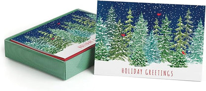 Masterpiece Snowy Evergreen Cardinal Trees Cards / 16 Boxed Holiday Note Card Set With Red Envelopes / 5 5/8" x 7 7/8" Folded Christmas Seasonal Winter New Year Greetings With Inside Verse