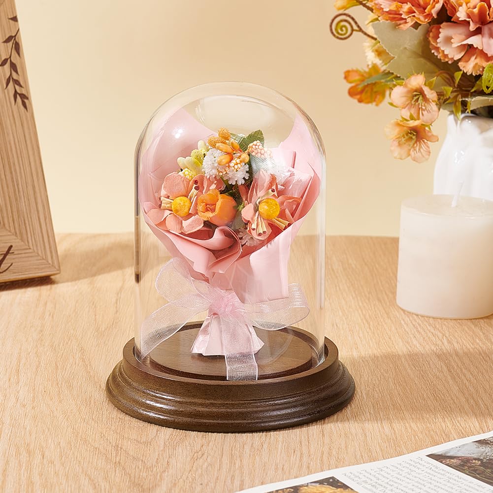 PH PandaHall 4.2" x 5.5" Glass Display Dome Cloche, Clear Bell Jar Display Case Glass Dome Tabletop Centerpiece with Solid Wood Base for DIY Snow Globes Flowers Plants Birthday Home Decor, Deep Brown