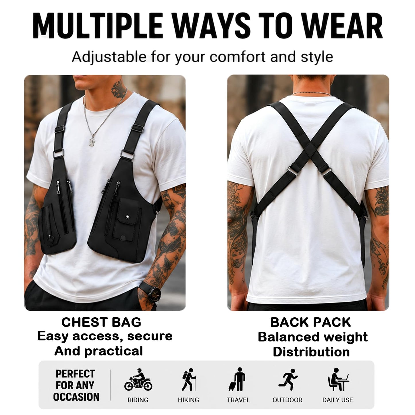 Adjustable Underarm Strap,Premium Leather Shoulder Bag for Men, Double Shoulder Bag Fashion Underarm Holster Wallet Adjustable PU Leather Waterproof Anti-Theft Harness for Men Father Gifts (Black)