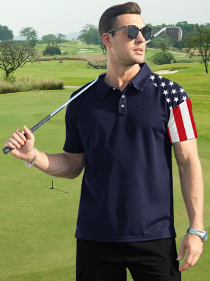 ZITY Men's Flag Golf Polo Shirts Short Sleeve Tactical Collared Shirt Men Outdoor Moisture Wicking Shirts Dark Blue Medium