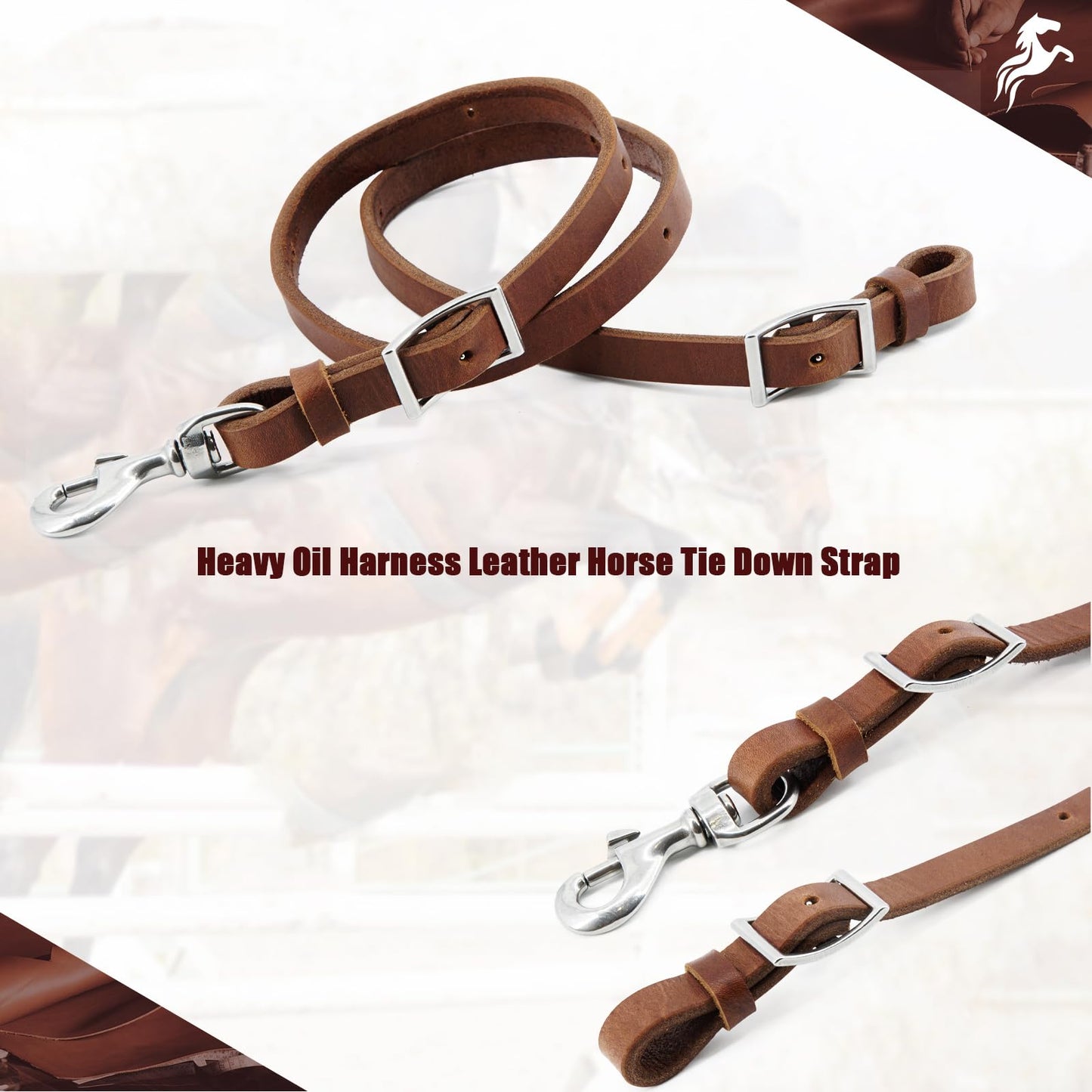 Jeereal Heavy Harness Leather Western Roper Rein,Barrel Reins for Horses, Round Trail Rein,Stainless Steel Hardware,Rich Brown,5/8" x 7'