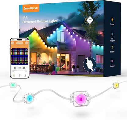 SmartDawn-Permanent-Outdoor-Lights, 100FT 64 Bulbs RGBIC LED Outdoor String Lights, DIY Scene Mode, IP68 Waterproof Christmas Lights for Daily Decor, House Roof, Holiday Decorations, Outside