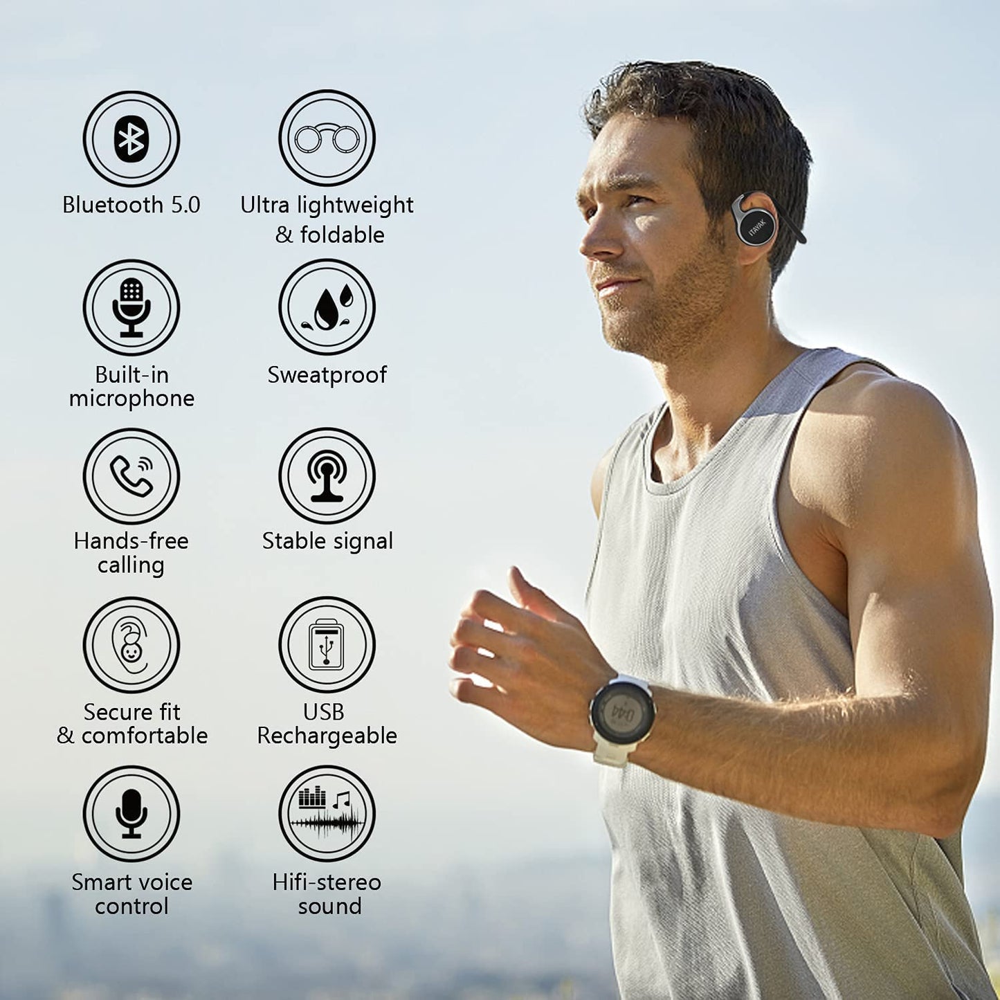 itayak Behind The Head Headphones, Bluetooth 5.0 Neckband Around Head Headphones Lightweight Small Foldable Wireless Sports Sweatproof Headset with Microphone & Carrying Case (Black)