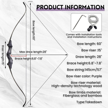 Archery Takedown Recurve Bow 60inch 30lbs,35lbs,40lbs,45lbs,50lbs,55lbs,60bs Traditional Hunting Bows Target Shooting Practice for Right Hand (45.00)
