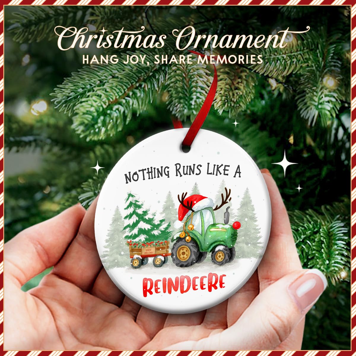 KILYHOME Funny Tractor Reindeer Christmas Ornament – “Nothing Runs Like Reindeere” Farmhouse Rustic Holiday Decor, Keepsakes & Gifts for Deer Lovers – Christmas Tree Decoration, Xmas Gift for Farmers