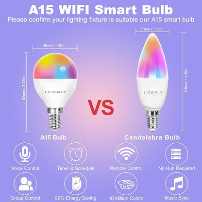 5W=40W, LED Smart Bulb, A15 Globe Shape, Compatible with Alexa, Google Home, E12, Dimmable, WiFi, Color Changing, Tunable White 2700K-6500K, G45 Ceiling Fan Light Bulbs, 1 Pack, No hub Required