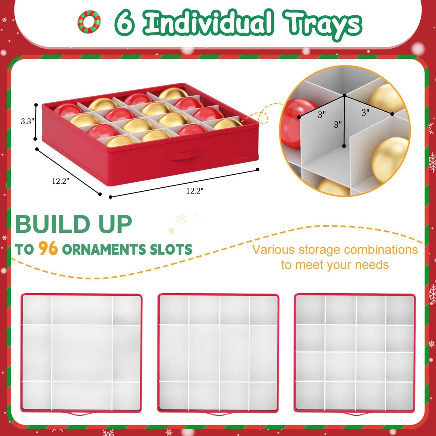 FUHSY Christmas Ornament Storage Box 96-3" Slots Adjustable Dividers Ornament Storage Container Ornament Organizer with Trays Stackable Christmas Storage Bins with Lids Holiday Ornament Boxes