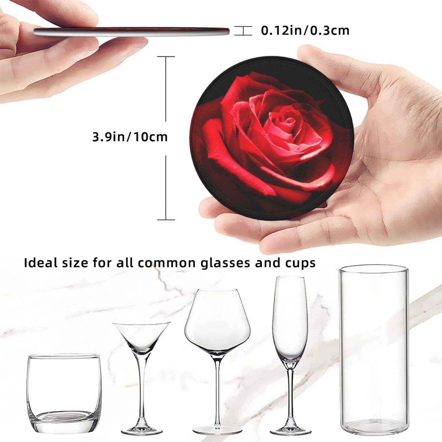 Stylish Red Rose Flower Coasters For Drinks Round Leather Coaster With Holder Set Of 6 For Tabletop Protection Desk Accessories Office Home Room Decor