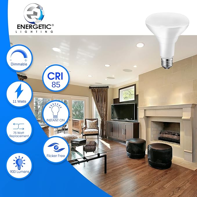 Energetic BR30 Dimmable LED Recessed Light Bulb, 11W=75W, 4000K Cool White, 900LM, Indoor Flood Light Bulb for cans, CRI85+, 6-Pack