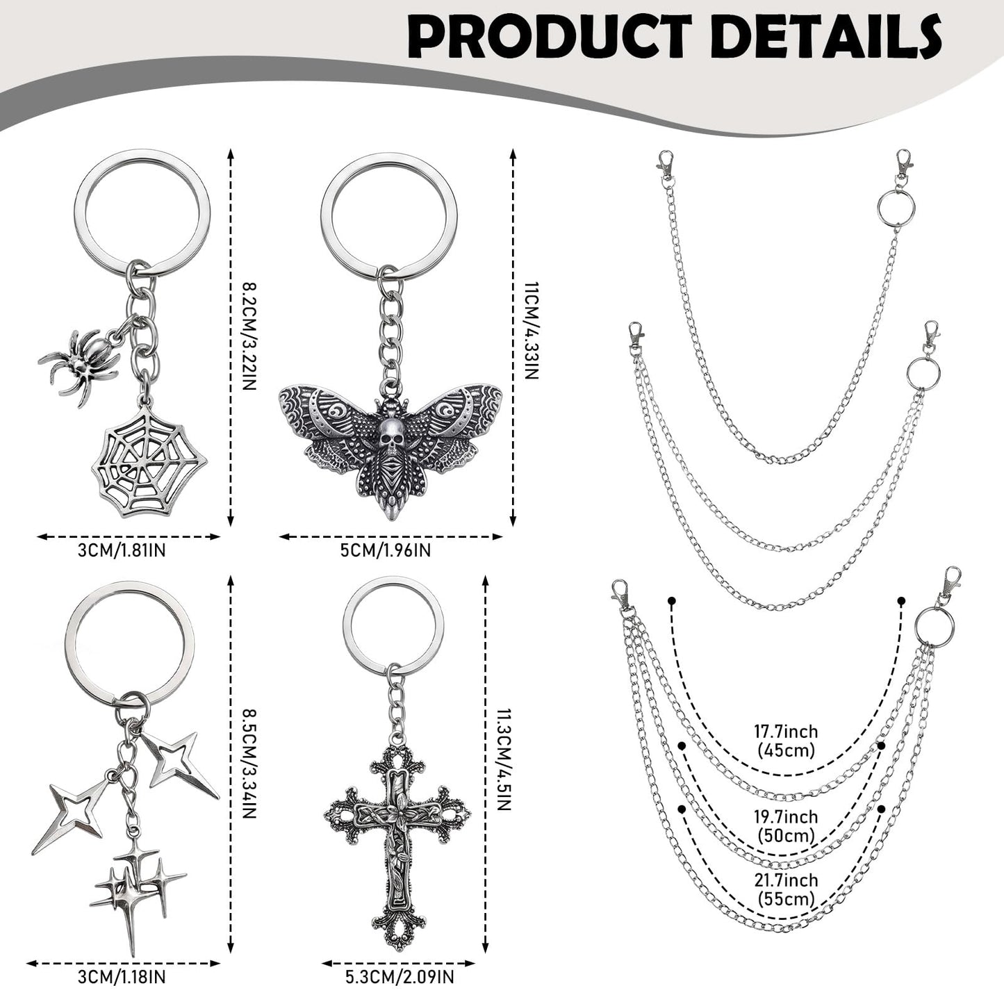 Thrist Punk Jeans Chains Keychain Set - 7 Pieces Y2K Goth Grunge EMO Layered Chunky Pants Chain Keychain Set Silver Star Belt Chains Keychains Jewelry Accessory for Women Men Jeans Bag Pocket Wallet