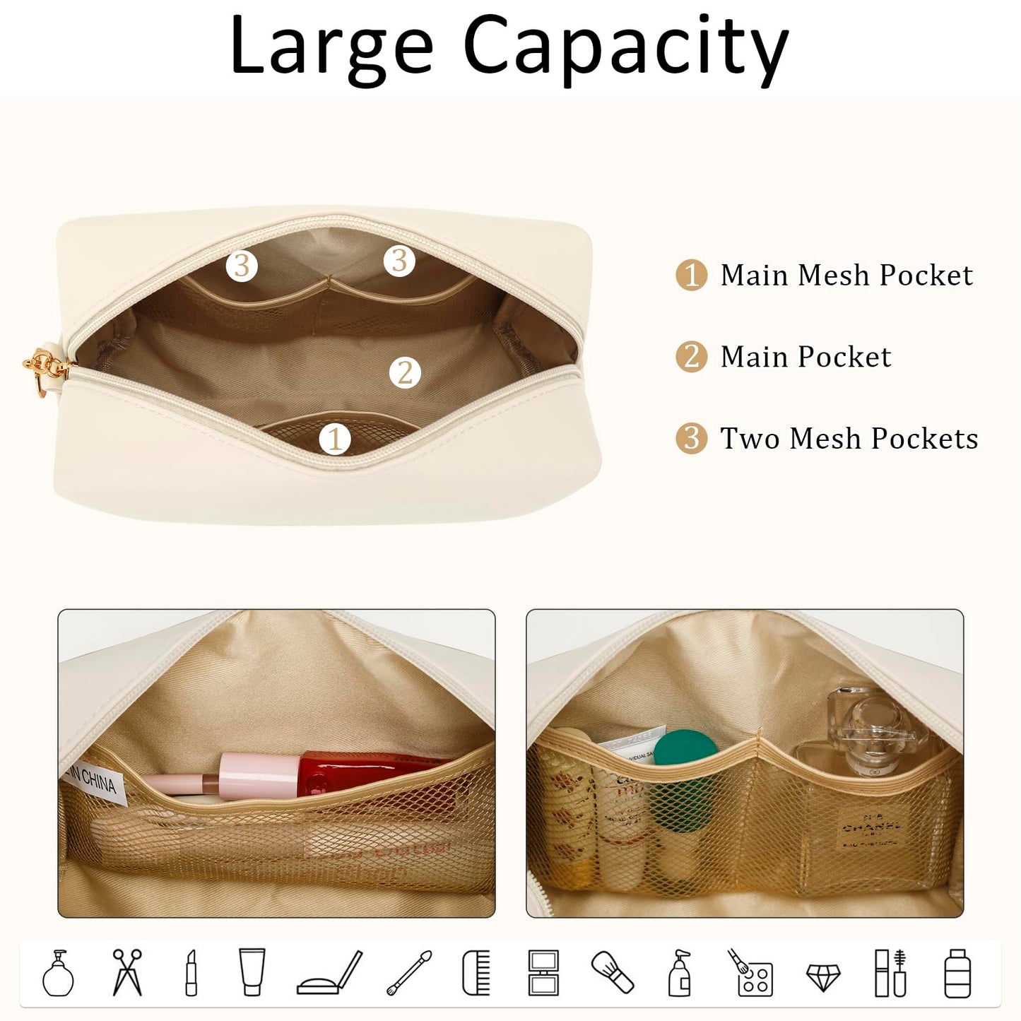 KKXIU Initial Makeup Bag for Women - Personalized Birthday Gifts Cosmetic Travel Toiletry Bag with Waterproof Soft PU Leather Customized Gifts for Friend Teacher Bridemaid (A, Beige)