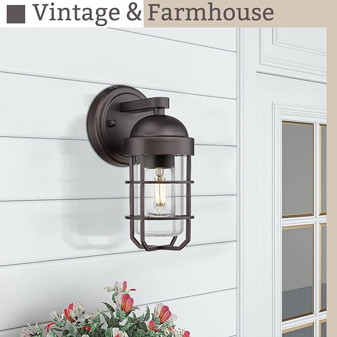 Emliviar Farmhouse Outdoor Wall Light for House Porch, Vintage Exterior Wall Lantern, Industrial Nautical Metal Cage with Clear Tempered Glass, Oil Rubbed Bronze Finish, GE255B ORB